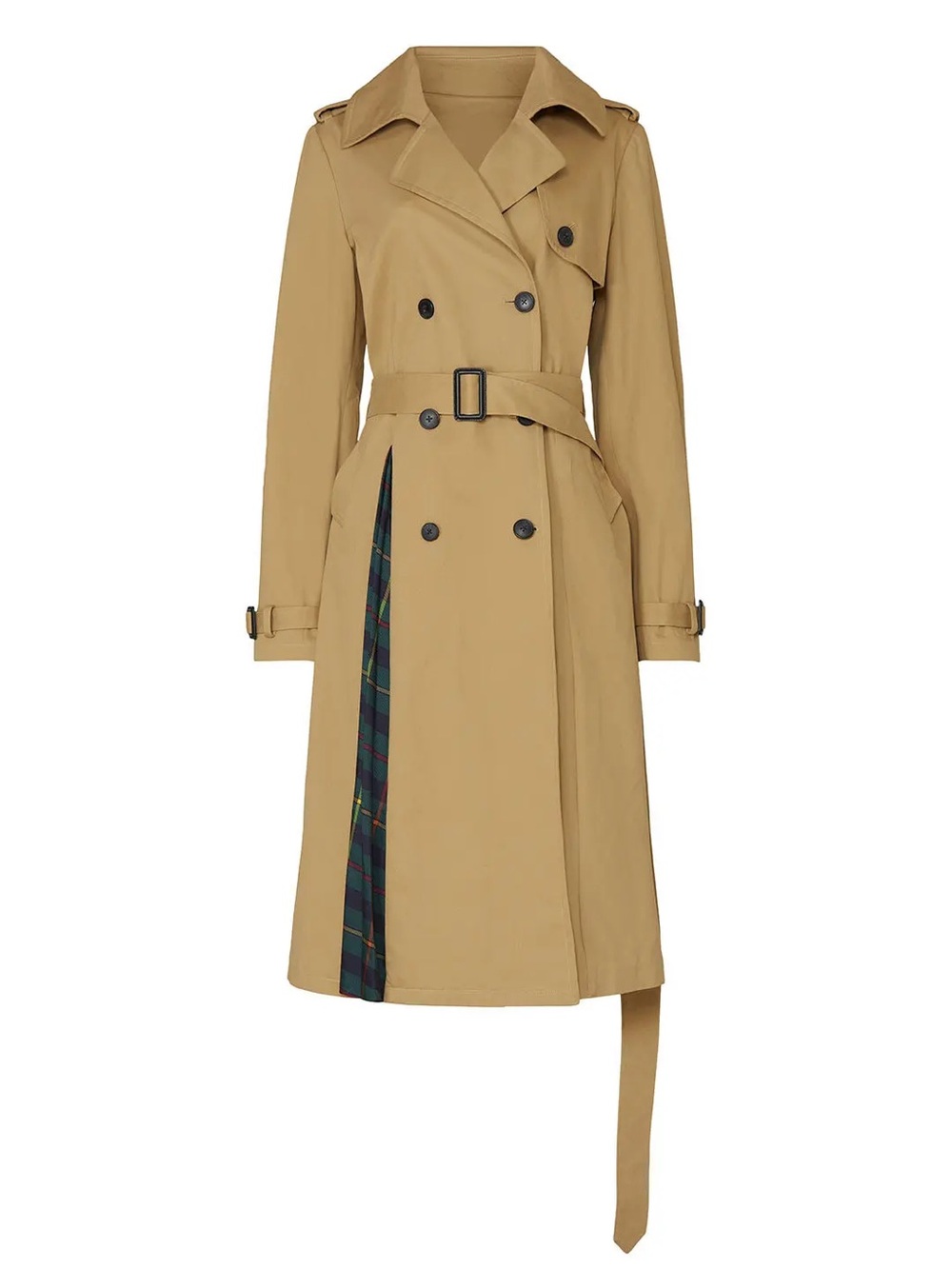 MONSE Double-Breasted Trench Coat in Tan with Tartan Detail